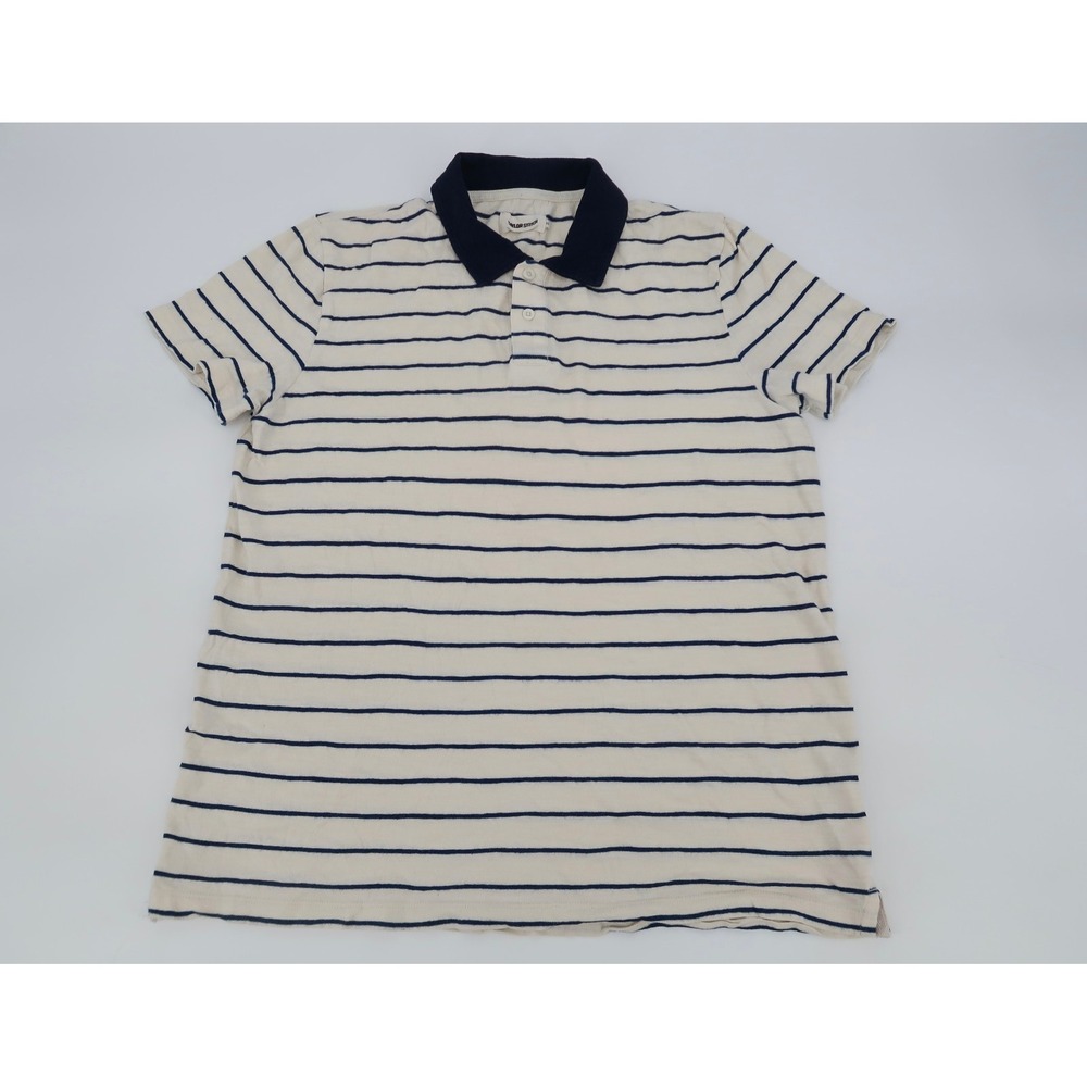 Taylor Stitch Mens 40 Cream Navy Striped Denim Collar Short Sleeve Polo Shirt - Picture 2 of 8